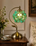 Vintage Stained Glass Table Lamp | Teal Tiffany Style LED Bedside Lamp - Image 3