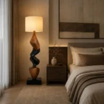 Sculptural Wood Floor Lamp with Fabric Shade - Image 3