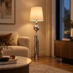 Modern Chrome Sphere Floor Lamp with Fabric Shade - Image 4
