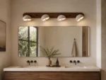 Adjustable Travertine Dome LED Vanity Light with Walnut Wood Backplate - Image 3