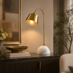 Modern Brass Arc Table Lamp | Marble Base LED Bedside Lighting Fixture - Image 3