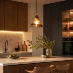 Amber Textured Glass Pendant Light | Wooden Hanging Lamp - Image 3