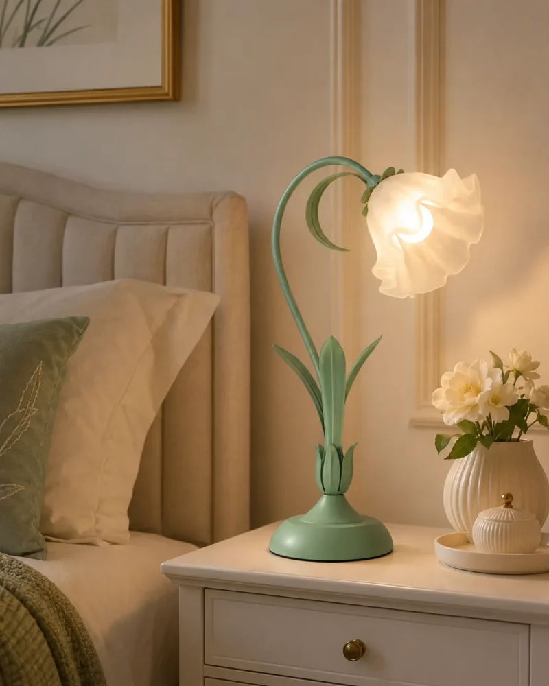Floral Table Lamp | Light Green LED Bedside Lamp for Bedroom & Living Room Decor - Image 2