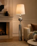 Modern Chrome Sphere Floor Lamp with Fabric Shade - Image 3
