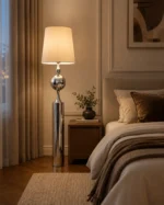 Modern Chrome Sphere Floor Lamp with Fabric Shade - Image 2