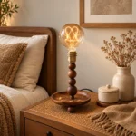 Walnut Wood Bead Table Lamp | Vintage Glass LED Bedside Lighting Fixture - Image 4