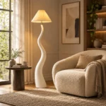 Sculptural Wavy Resin Floor Lamp with Fabric Shade - Image 4