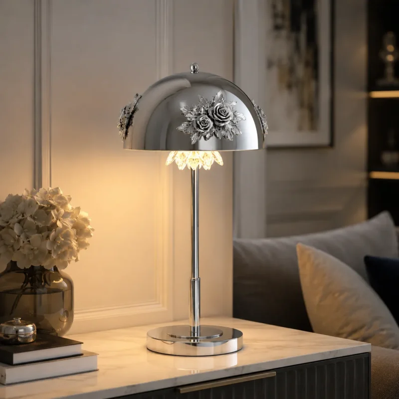 Floral Dome Table Lamp | French Vintage Iron LED Bedside Lighting Fixture - Image 4