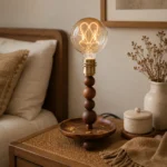 Walnut Wood Bead Table Lamp | Vintage Glass LED Bedside Lighting Fixture - Image 4