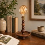 Walnut Wood Bead Table Lamp | Vintage Glass LED Bedside Lighting Fixture - Image 5