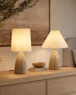 Travertine Table Lamp | Natural Stone Pleated Fabric LED Lamp - Image 2