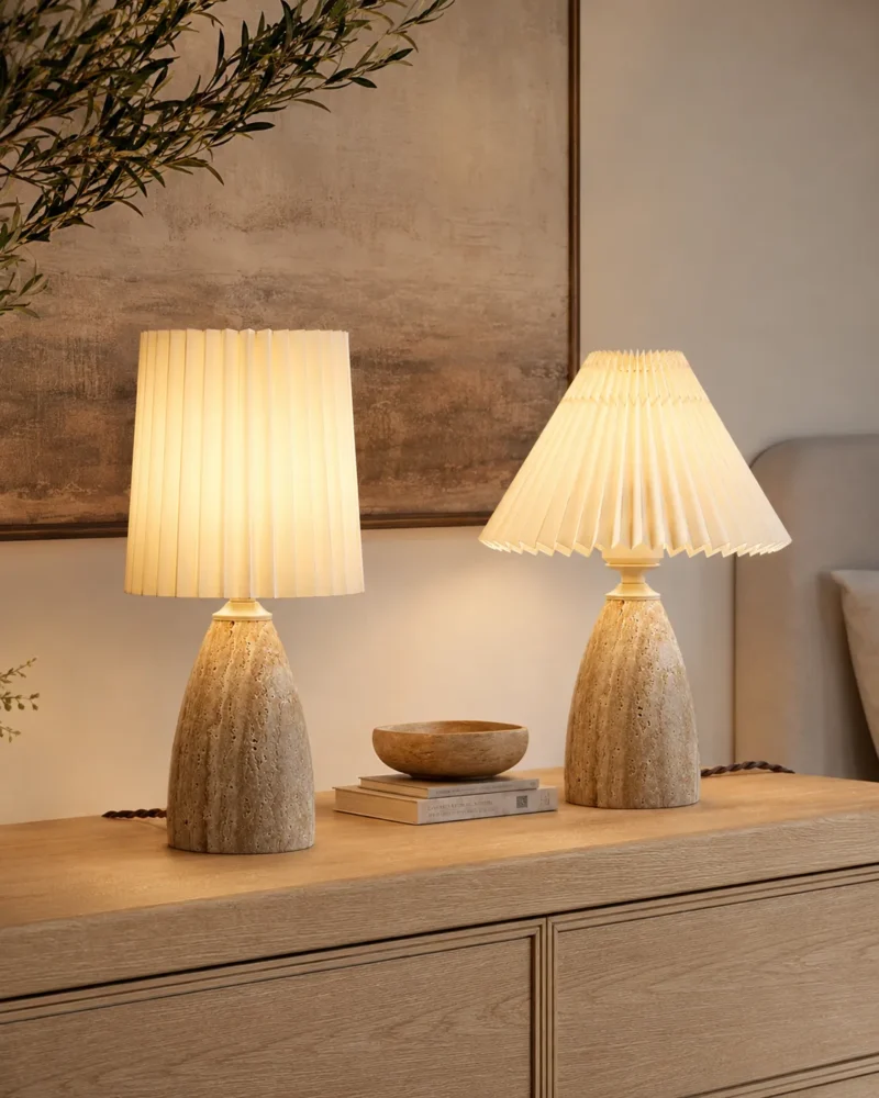 Travertine Table Lamp | Natural Stone Pleated Fabric LED Lamp - Image 2