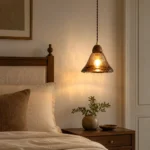 Amber Textured Glass Pendant Light | Wooden Hanging Lamp - Image 2