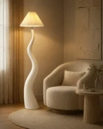 Sculptural Wavy Resin Floor Lamp with Fabric Shade - Image 4