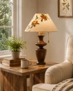 Floral Wooden Table Lamp | Embroidered Fabric Walnut LED Table Lamp - Image 6