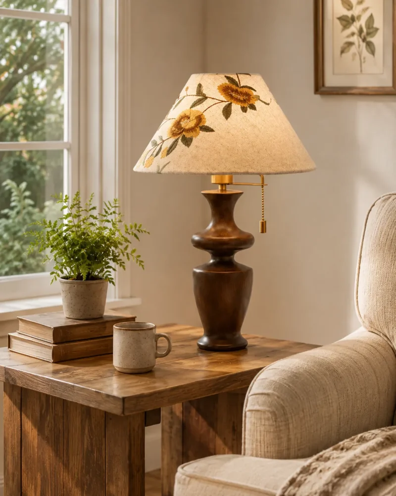 Floral Wooden Table Lamp | Embroidered Fabric Walnut LED Table Lamp - Image 6