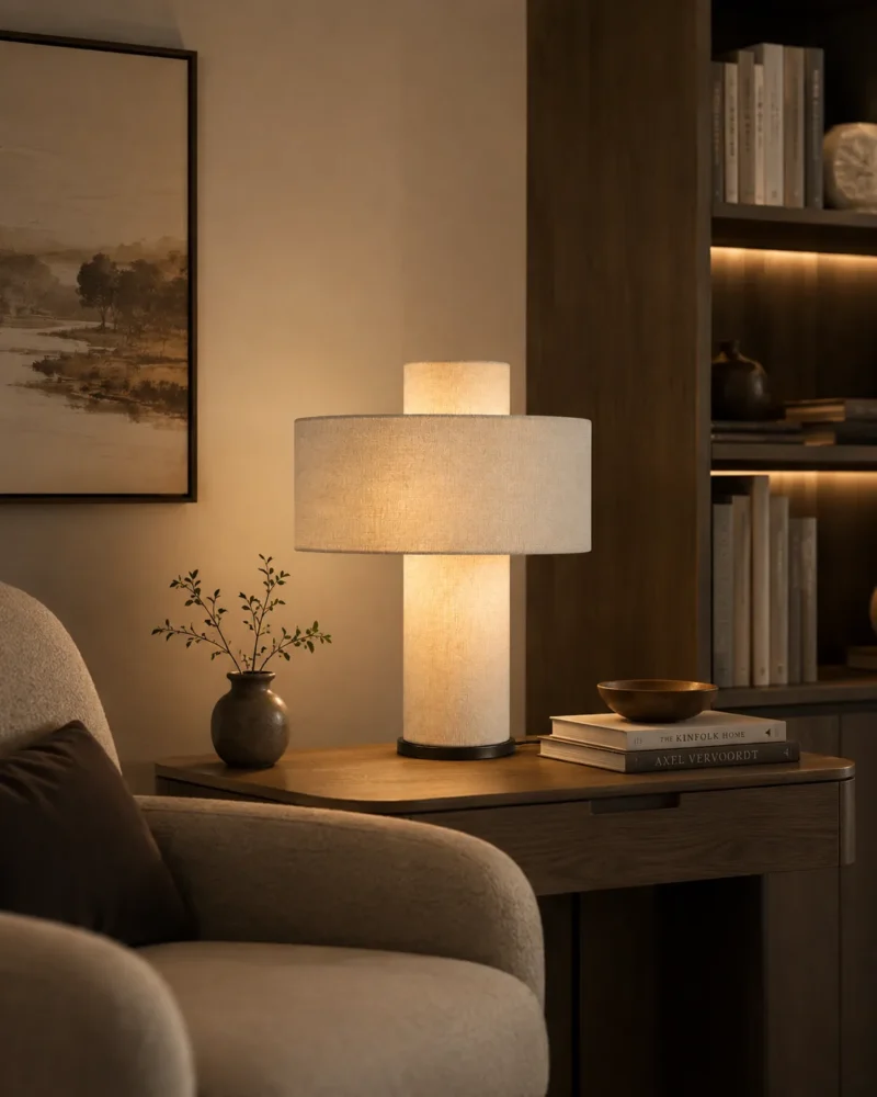 Modern Fabric Table Lamp | Beige LED Bedside Lamp for Bedroom & Living Room - Image 3