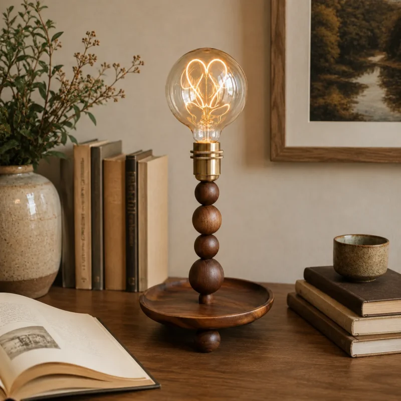 Walnut Wood Bead Table Lamp | Vintage Glass LED Bedside Lighting Fixture - Image 5