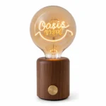 Walnut Wood Table Lamp | Amber Glow Glass LED Bedside Lighting Fixture
