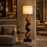 Sculptural Wood Floor Lamp with Fabric Shade - Image 2