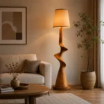 Sculptural Wood-Effect Floor Lamp with Fabric Shade - Image 2