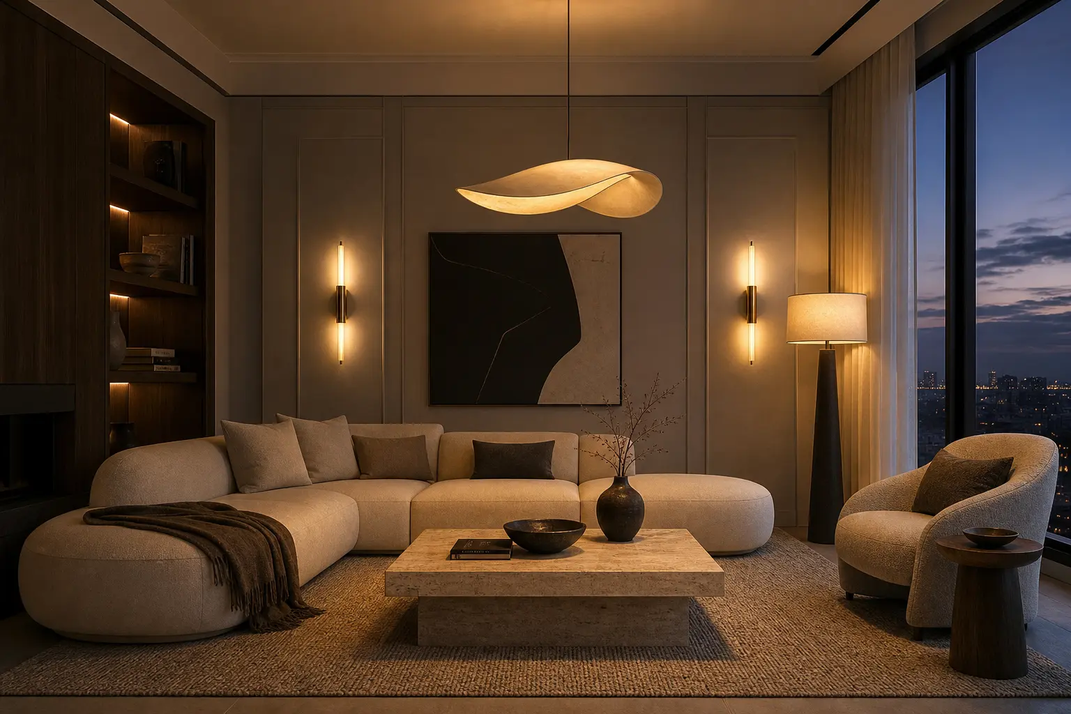 Modern home interior lighting design with pendant lamp and warm LED lighting.