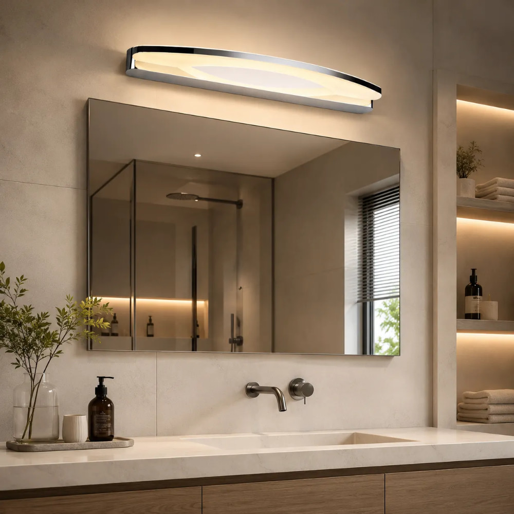 Modern chrome LED vanity mirror light above a contemporary bathroom mirror