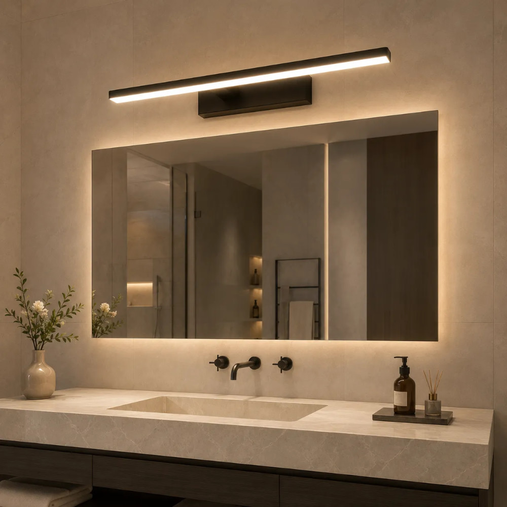 Black linear LED vanity light mounted above a modern bathroom mirror
