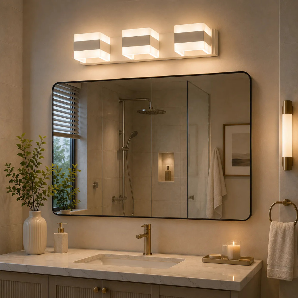 Multi-light bathroom vanity fixture providing wide and even mirror illumination