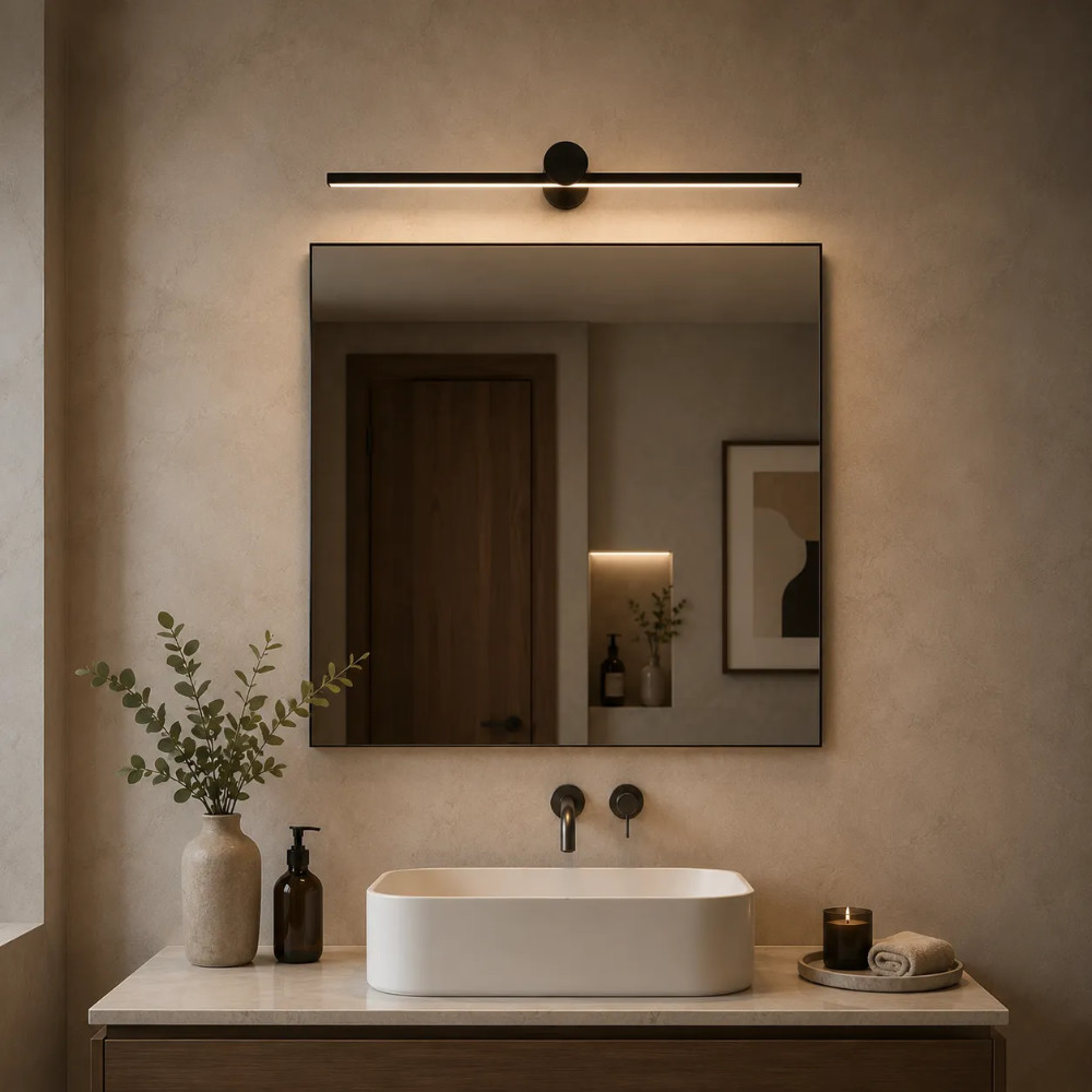 Minimalist black linear vanity light above a bathroom mirror and vessel sink