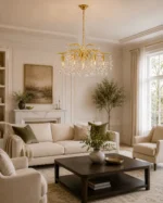 Luxury Brass Crystal Leaf Chandelier | Golden Pendant Light - Image 2