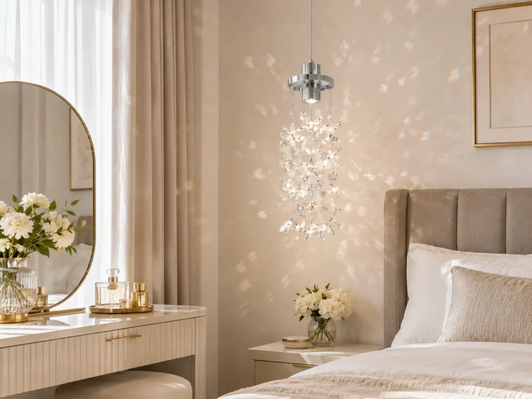 Crystal pendant light in a bright elegant living room