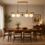 Vintage Brass & Wood Linear Pendant Light | Opal Glass - Image 3