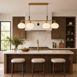 Vintage Brass & Wood Linear Pendant Light | Opal Glass - Image 2