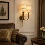 Heritage Antique Brass Double-Light Wall Sconce with Pleated Fabric Shades - Image 3