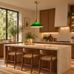 Green Glass Pendant Light | Japanese Vintage Brass Lamp - Image 2